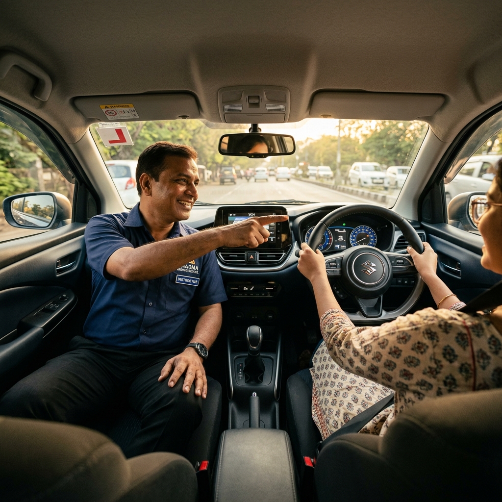Professional driving instructor teaching a student in Kurnool